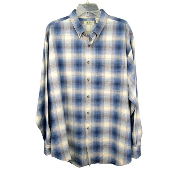 LL Bean Linen Cotton Blend Blue Gray Plaid Button Down Shirt Size XL Long Sleeve - Picture 1 of 9